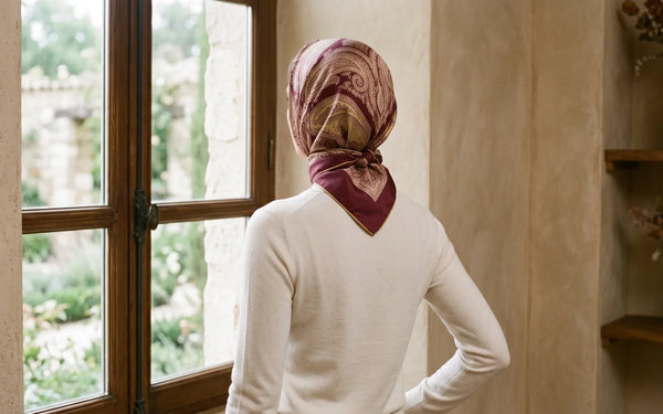 Woman by a window wearing a burgundy and gold paisley silk head wrap