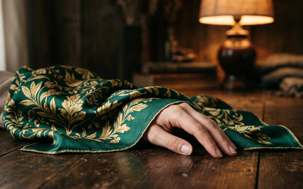 Emerald and gold leaf silk scarf with a rolled hem in warm lamp light