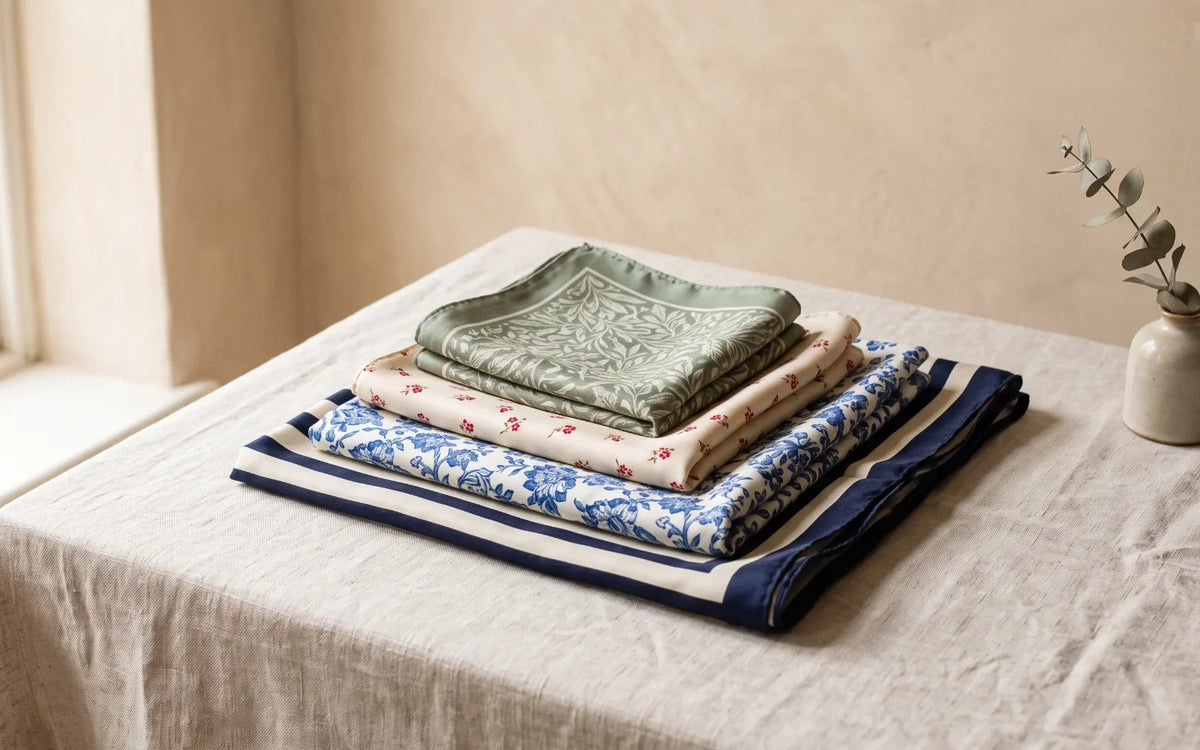 Four folded silk scarves in graduated sizes stacked on a linen table