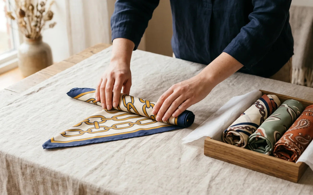 Hands loosely rolling a folded silk scarf next to a tray of rolled scarves on tissue paper