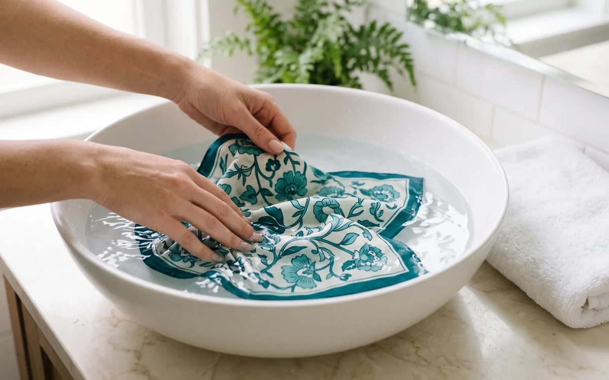 Hands washing a teal floral silk scarf in a basin of cold water
