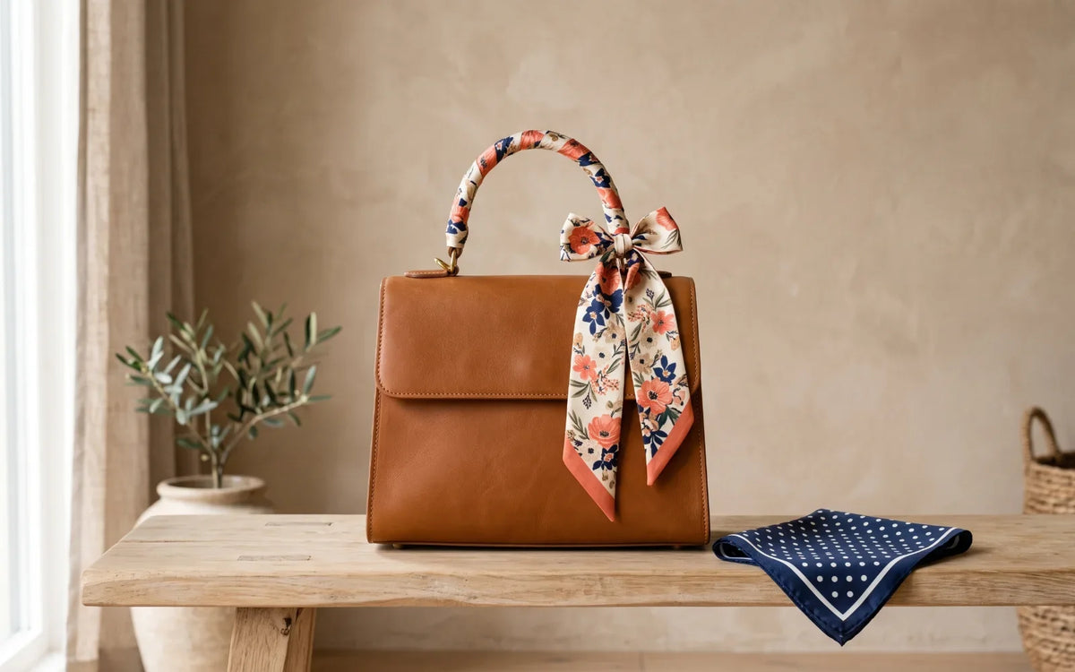 Coral floral silk ribbon scarf wrapped around a tan leather bag handle, next to a navy polka-dot bandana