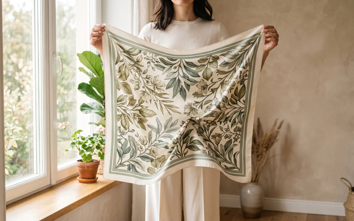 Woman holding open a sage botanical silk square scarf by a window