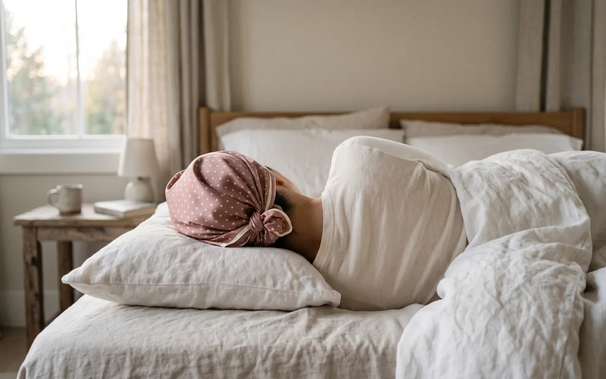 Woman asleep with her hair wrapped in a dusty pink polka-dot silk scarf