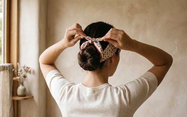 Woman tying a floral silk bandana around her hair bun