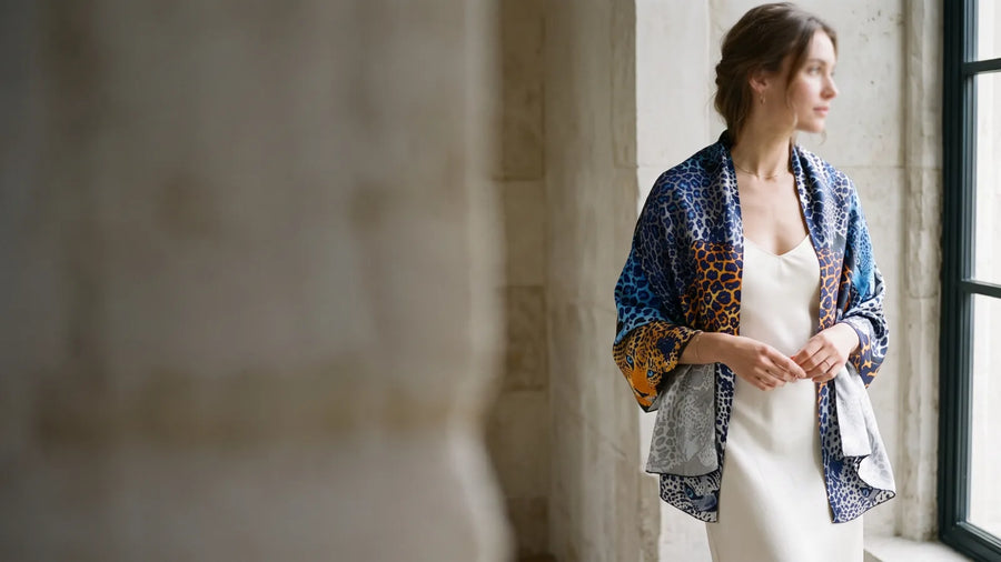 Woman wearing a blue leopard print silk shawl draped over her shoulders beside a tall window
