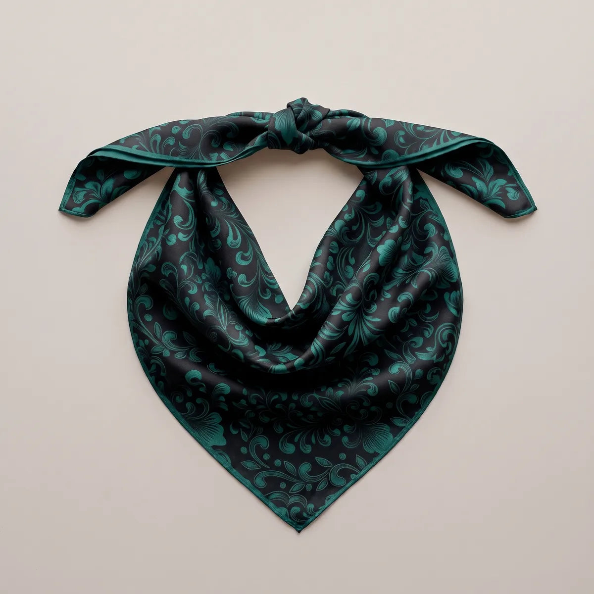 Dark baroque silk bandana with its top corners knotted, laid flat, faint teal scrolls in the black drape