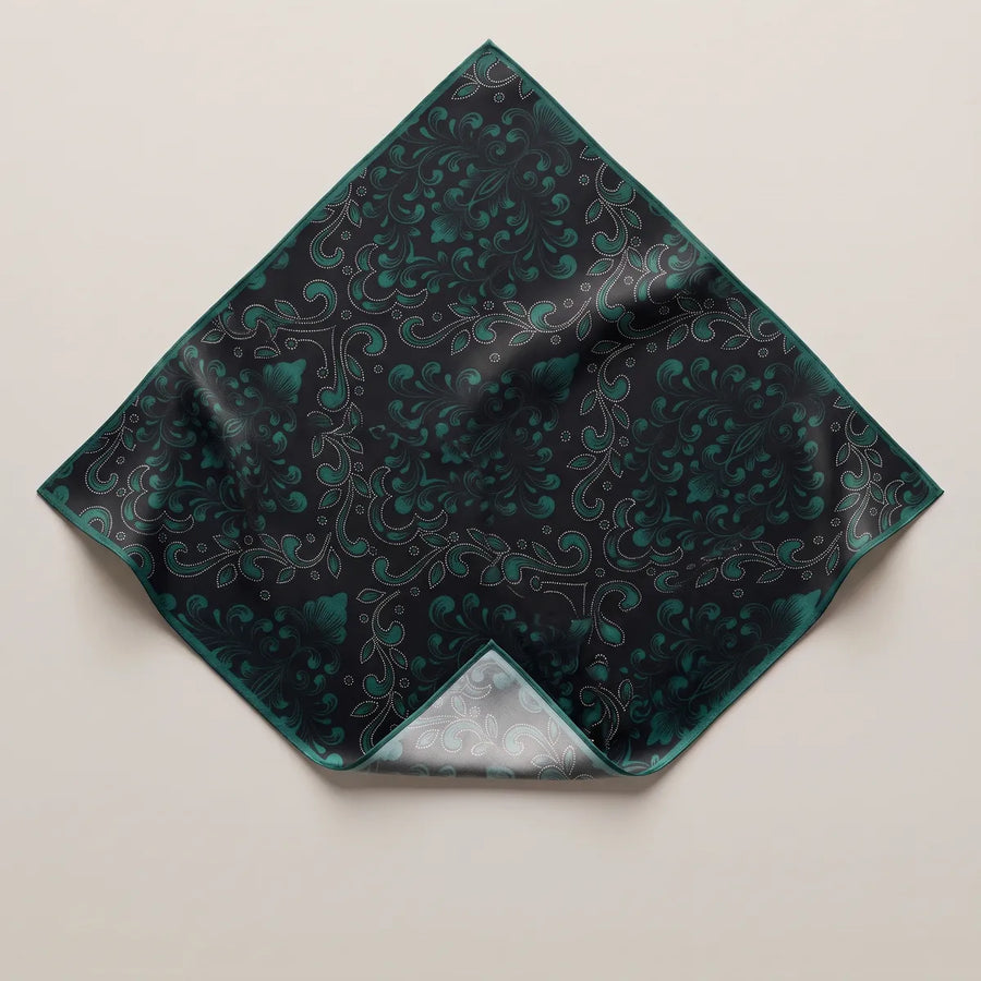 Black And Dark Teal Baroque Silk Bandana Ornate Scroll
