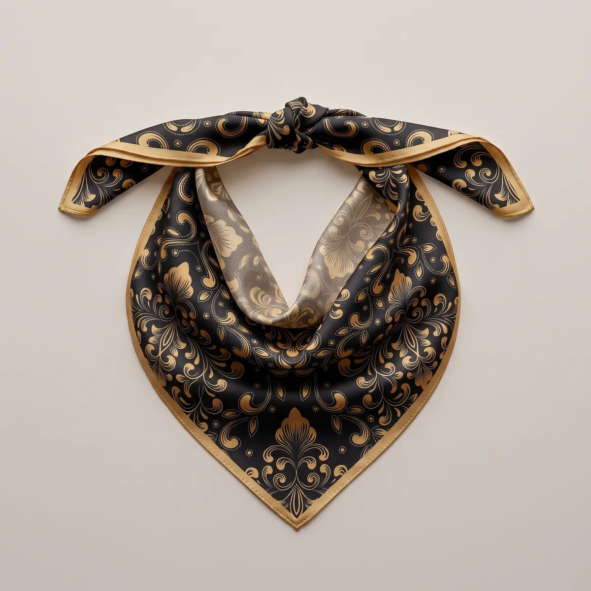 Gold and black baroque bandana with a top knot, the beige reverse showing inside the loop