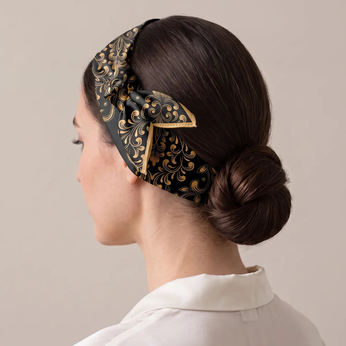 Black and gold silk bandana folded as a headband, knot sitting above the ear, hair in a low bun