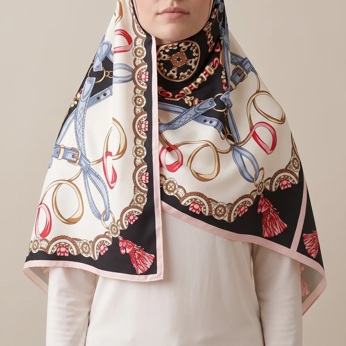 Black print silk shawl worn over the head and around the shoulders, framing the face