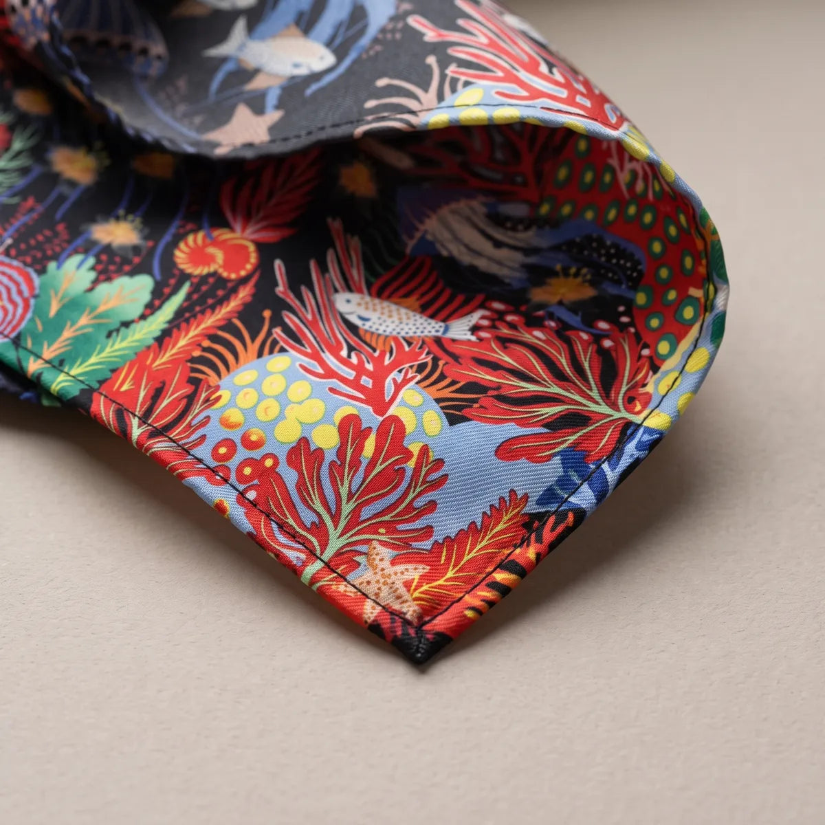 Corner of the black silk shawl: red coral, a blue sponge with yellow spots and a small starfish above the dark hem