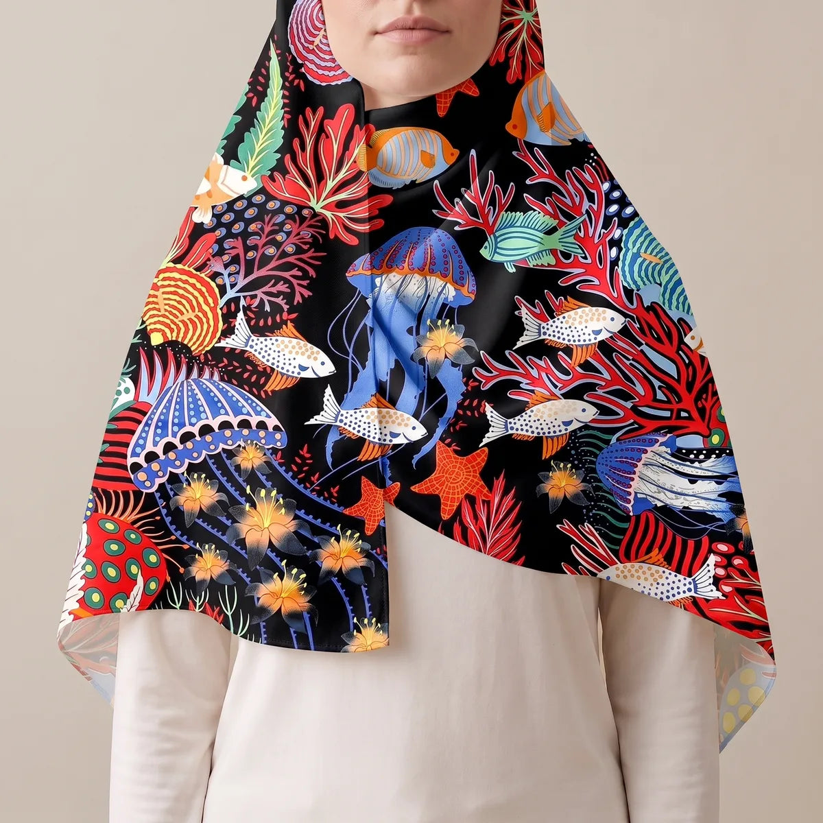 Black sea life shawl worn over the head as a hood, falling open over a white top