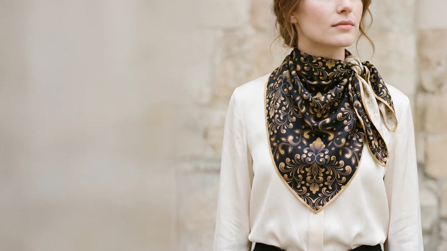Black and gold baroque print silk bandana knotted at the neck over a cream blouse
