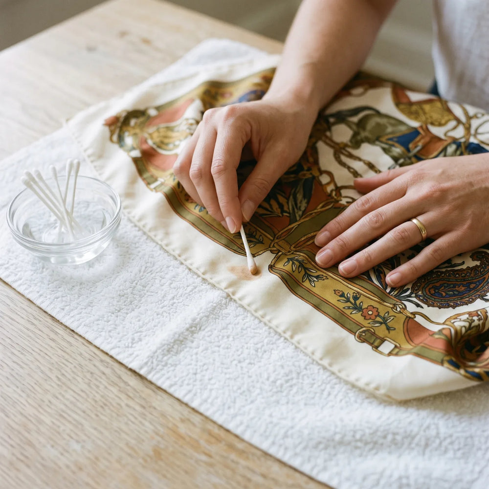 Blotting a small makeup stain on a printed silk scarf with a cotton swab over a towel