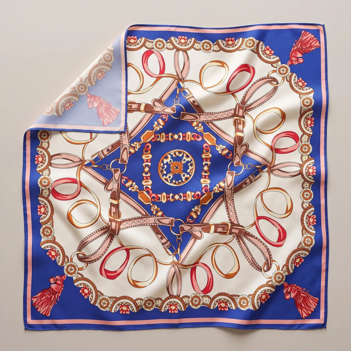 Blue chain print silk shawl laid flat: a royal blue star and pink-striped border, blush buckled straps and red ribbon loops