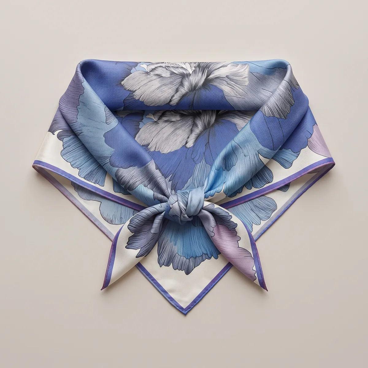 Blue peony square shaped into a knotted triangle, gray and blue petals gathered around the knot