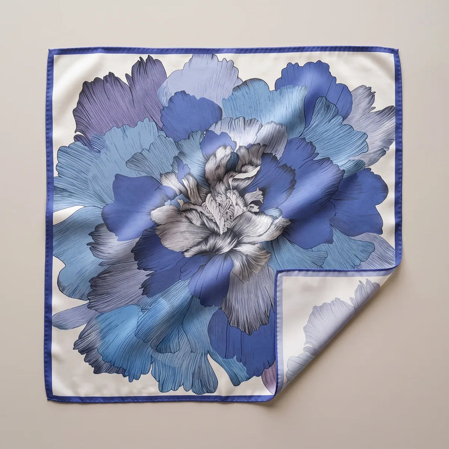 Blue Floral Silk Square Scarf Morning Peony