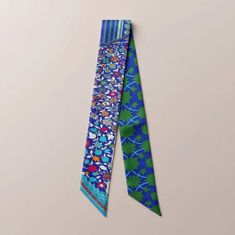 Blue Floral Skinny Silk Scarf Tile Garden