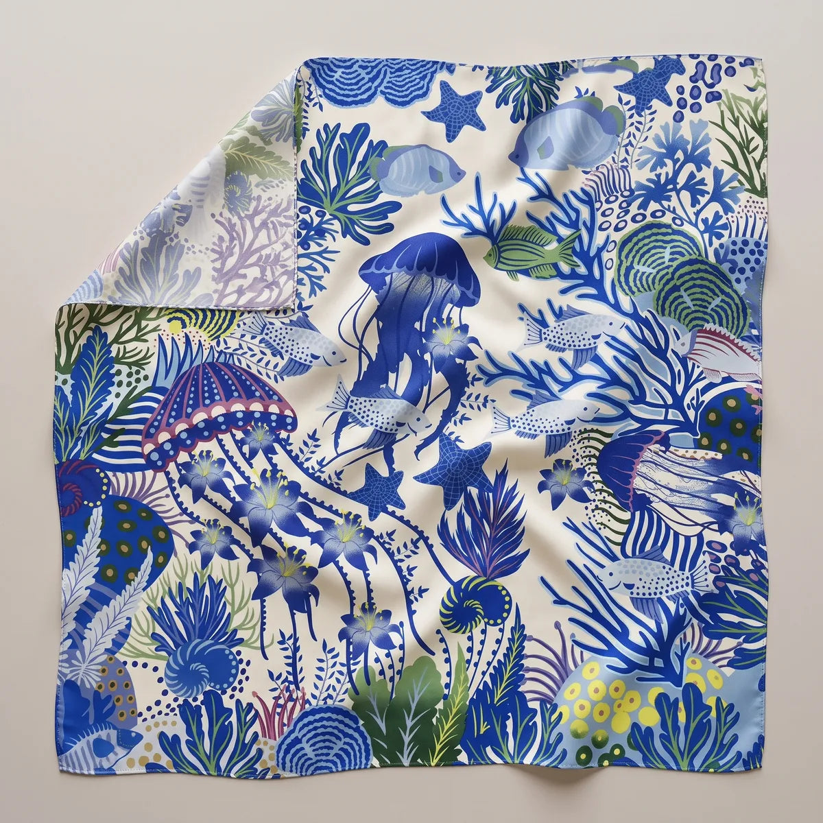 Blue jellyfish print silk shawl flat on a cream ground: cobalt jellyfish, coral and fish, one corner turned to a pale back