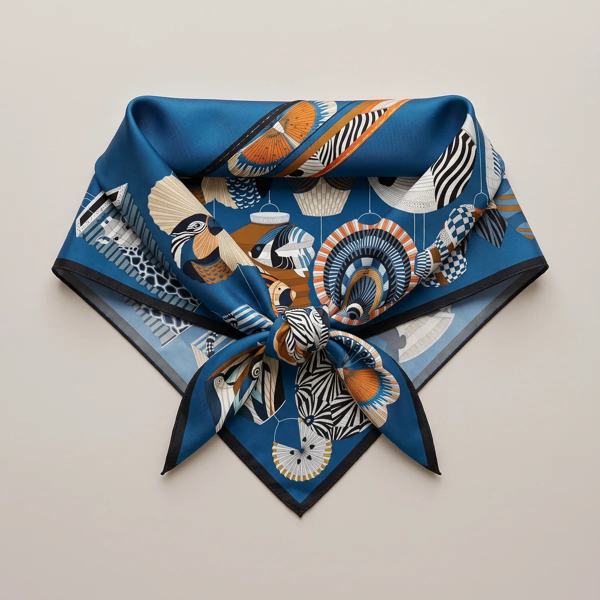 Petrol blue lantern scarf knotted into a triangle and laid flat, a zebra lantern at the knot