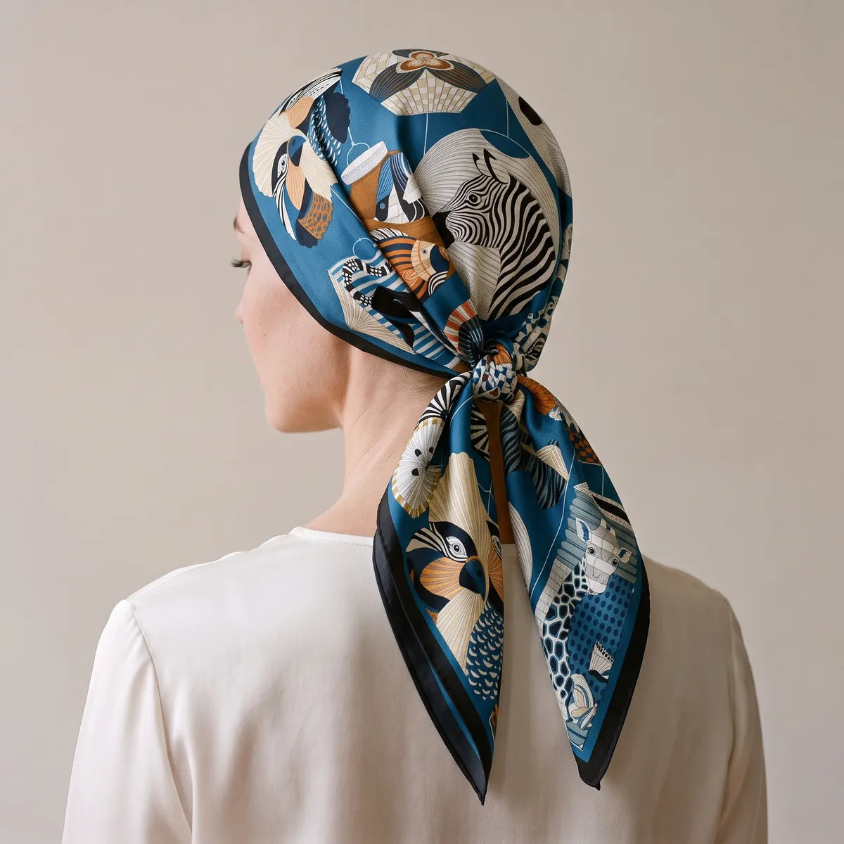 Back view of the blue lantern scarf worn over the hair and knotted at the nape