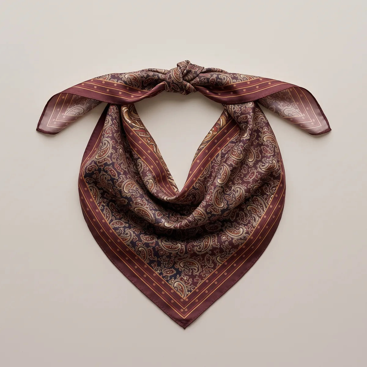 Silk bandana scarf with a burgundy paisley print, knotted and laid flat to show the burgundy border and mustard stripes