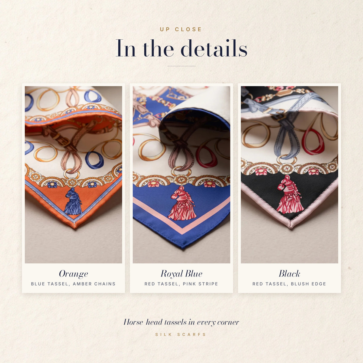 Close-up cards of the buckled straps, chain links and horse-head tassels in each of the three colorways