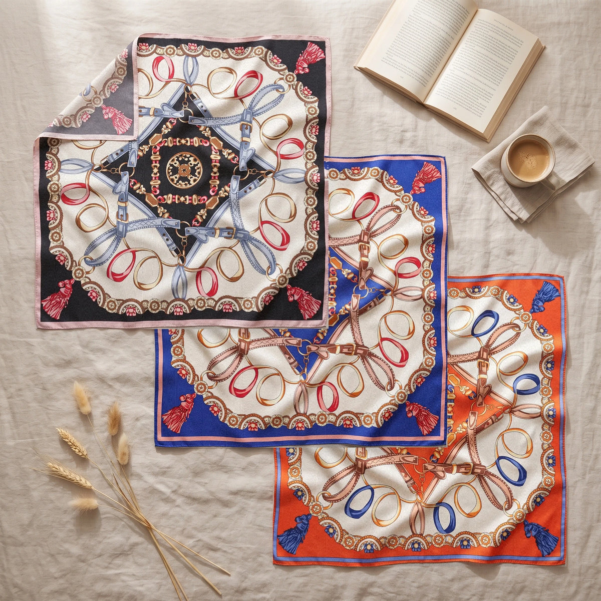 Three chain print shawls overlapping on rumpled linen with an open book, a coffee cup and dried grasses