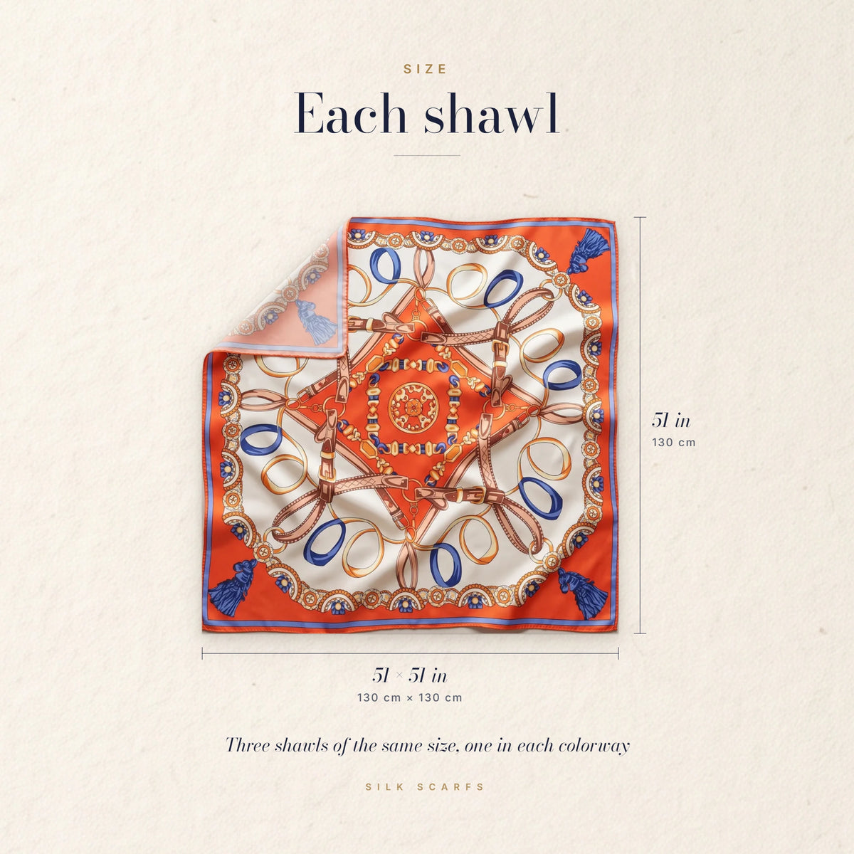 One chain print silk shawl with its 51 × 51 in (130 × 130 cm) measurements marked along two sides
