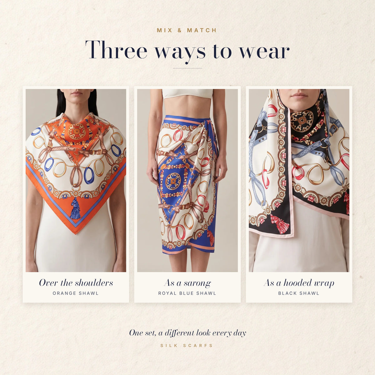 Orange chain print shawl over the shoulders, royal blue one tied as a sarong, black one worn as a hooded wrap