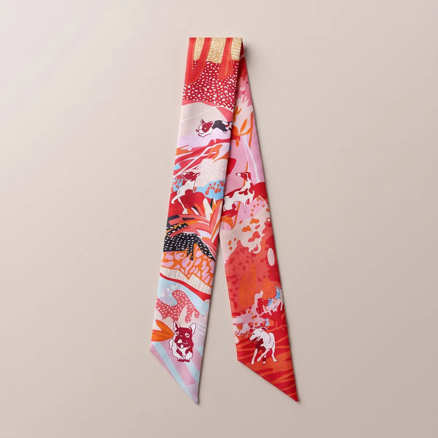 Coral Dog Print Skinny Silk Scarf Terrier Jungle