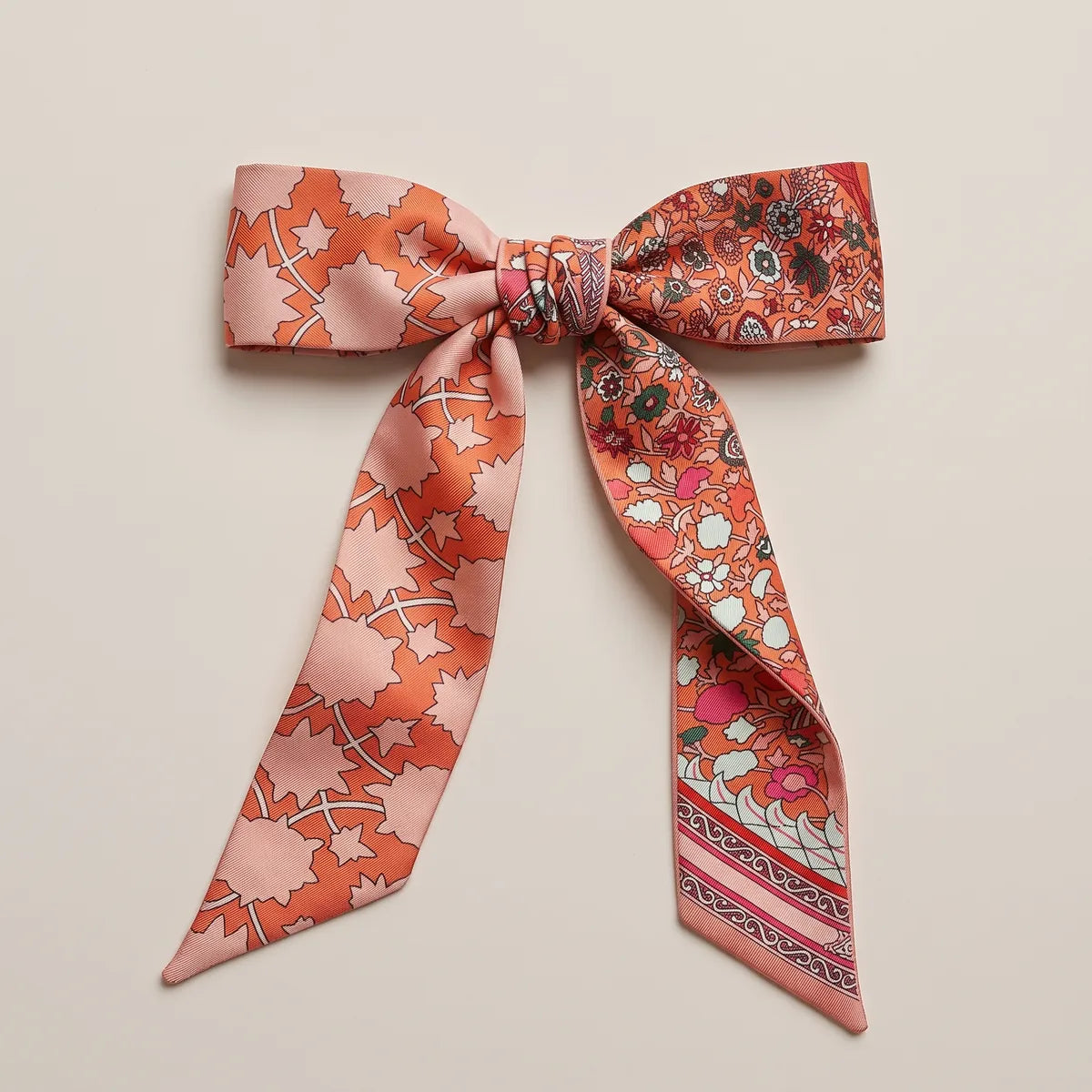 Coral skinny silk scarf tied into a flat bow, star leaves on one loop and flowers on the other