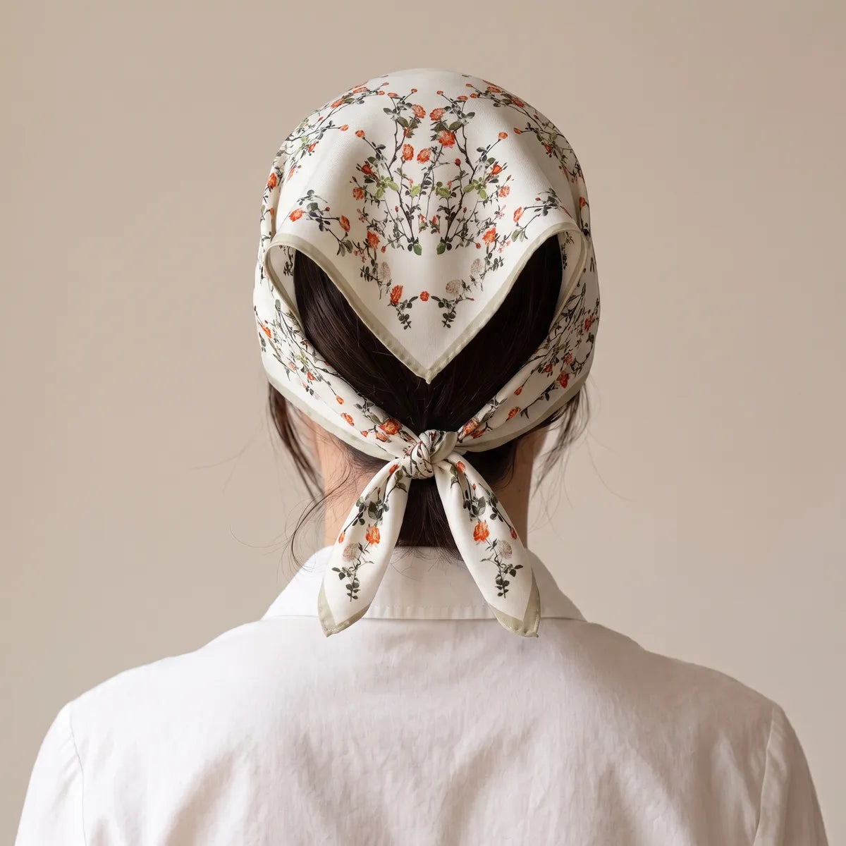 Back view of the cream blossom kerchief over dark hair, the border meeting in a point above the nape knot