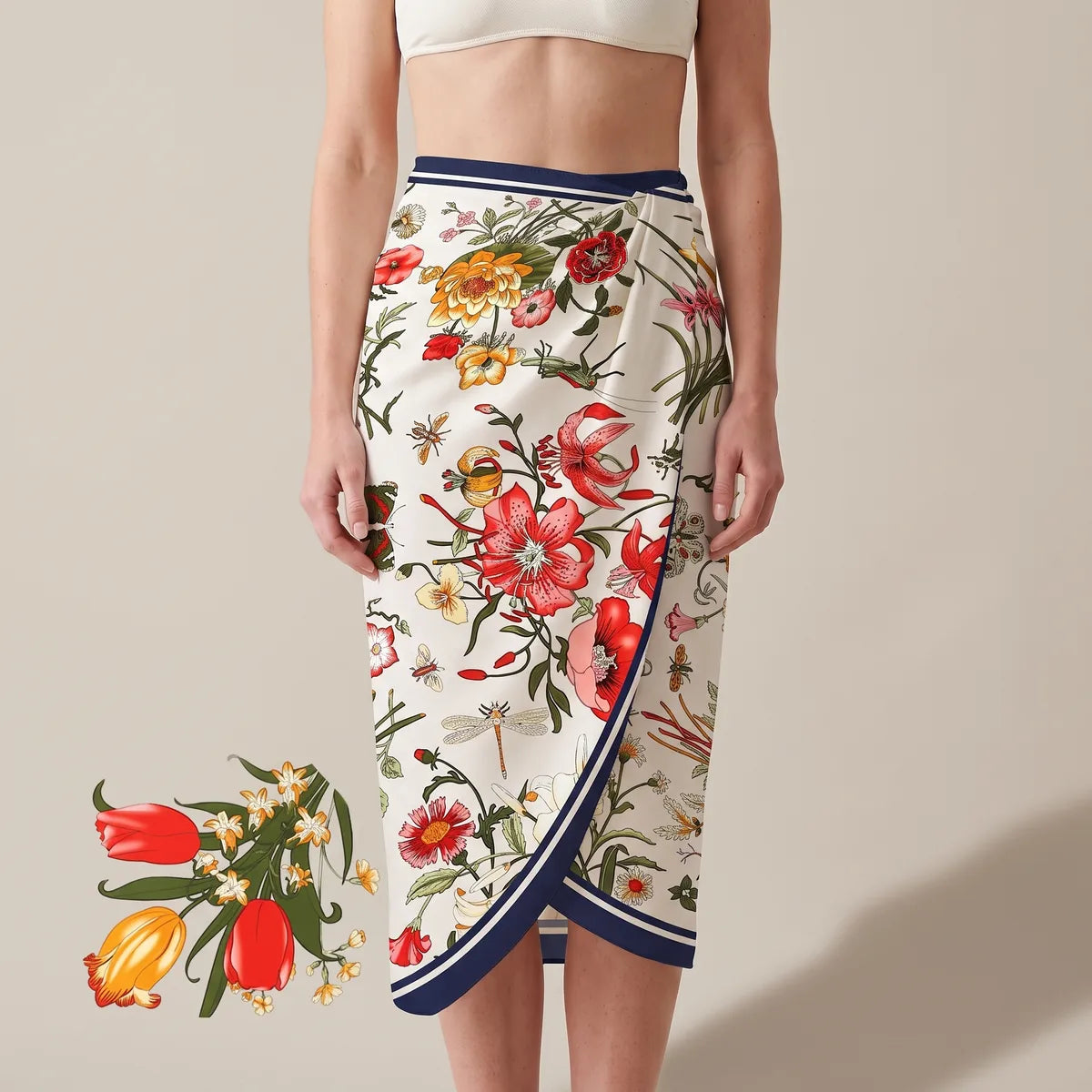 Cream floral silk shawl wrapped at the waist as a sarong skirt, navy border along the overlap