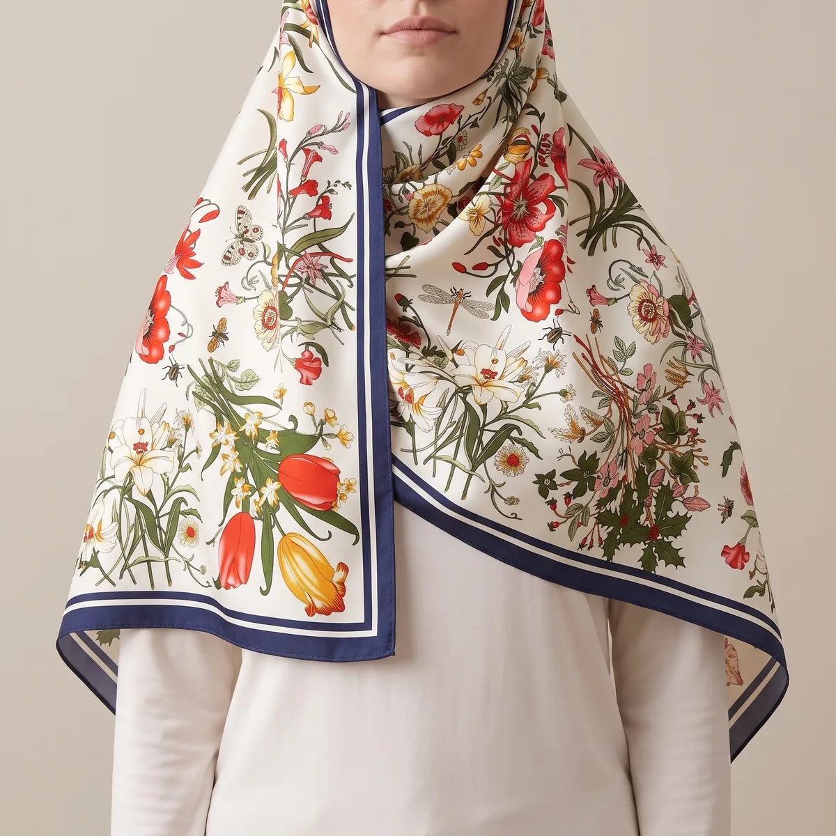 Cream floral silk shawl pulled over the head as a hood, navy edge framing the face