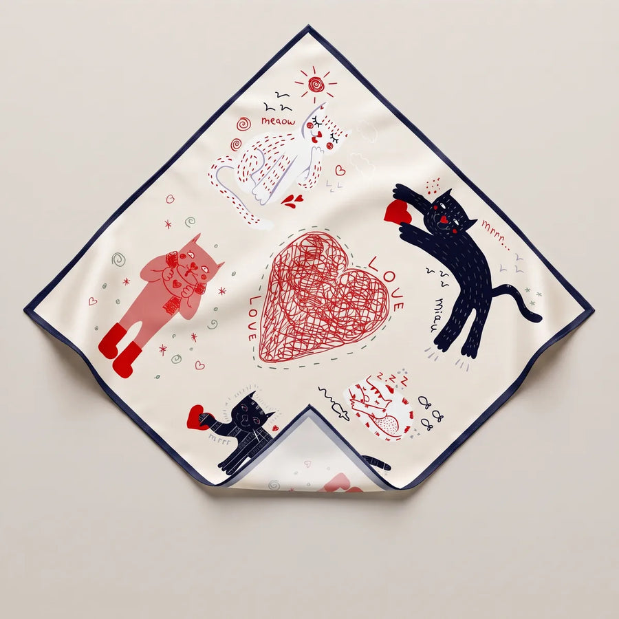 Cream Cat Print Silk Bandana Scribble Hearts