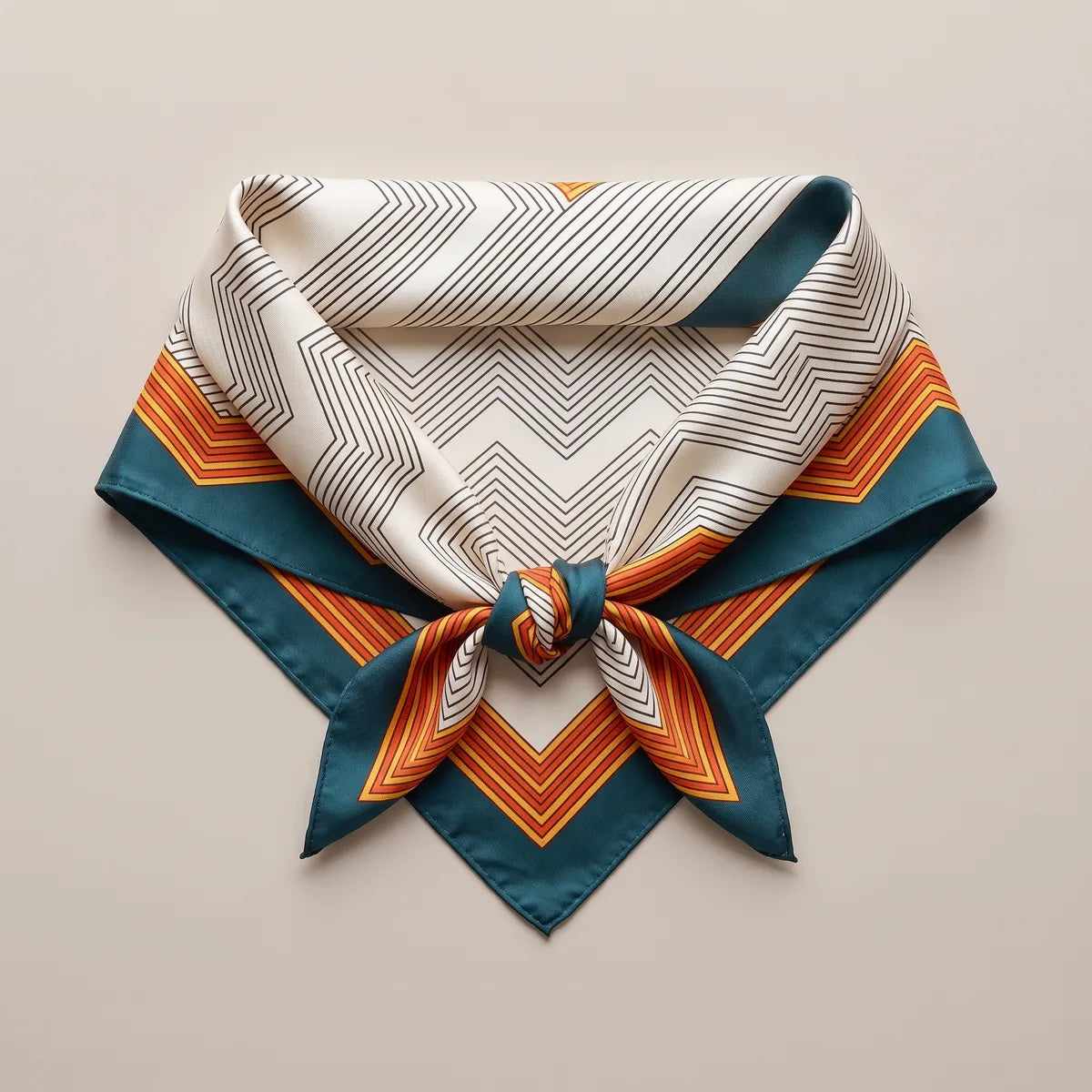 Cream silk square knotted and laid flat, the teal and orange zigzag band at the lower point