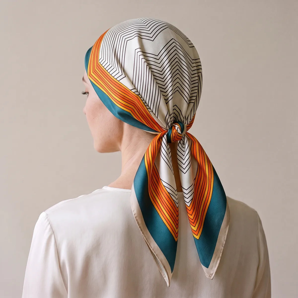 Chevron silk square worn over the hair, teal band at the forehead, knotted at the nape