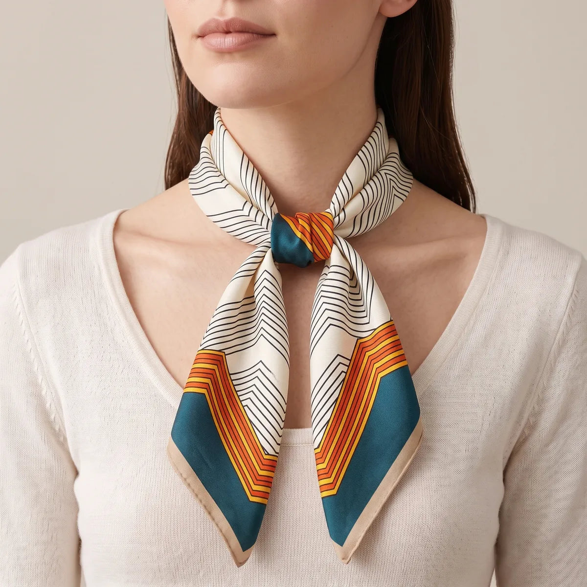Woman in a cream sweater with the chevron silk square knotted at her neck, teal and orange tails