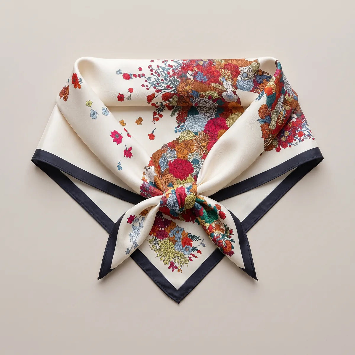 Flower-built horse scarf tied into a neckerchief shape on a flat surface, black edges framing the point