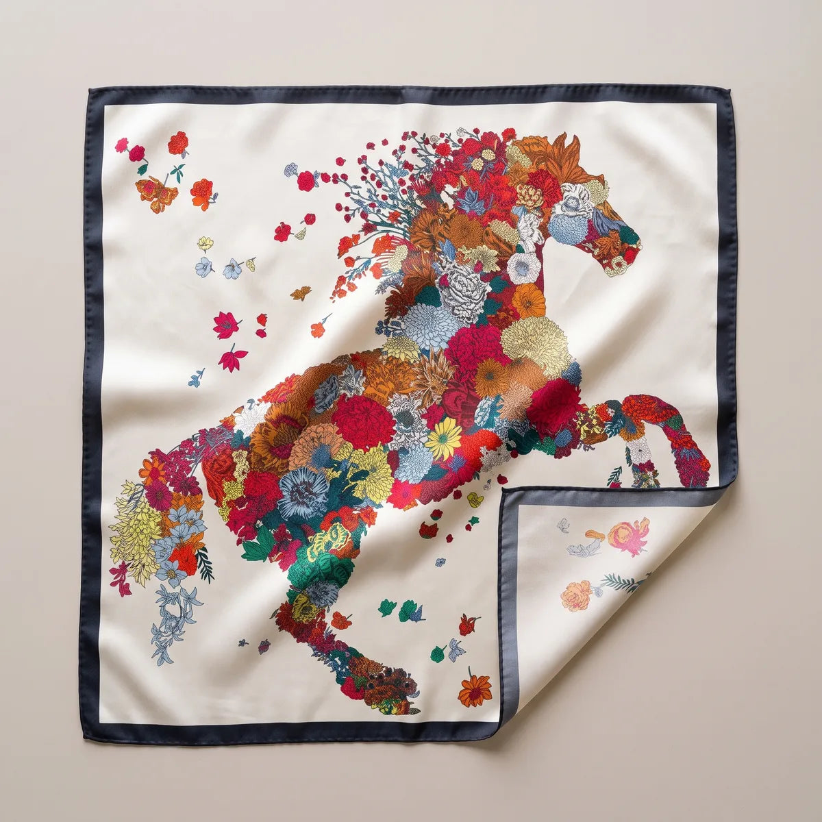 Cream floral horse print silk square scarf laid flat, a rearing horse of red and blue flowers inside a black border