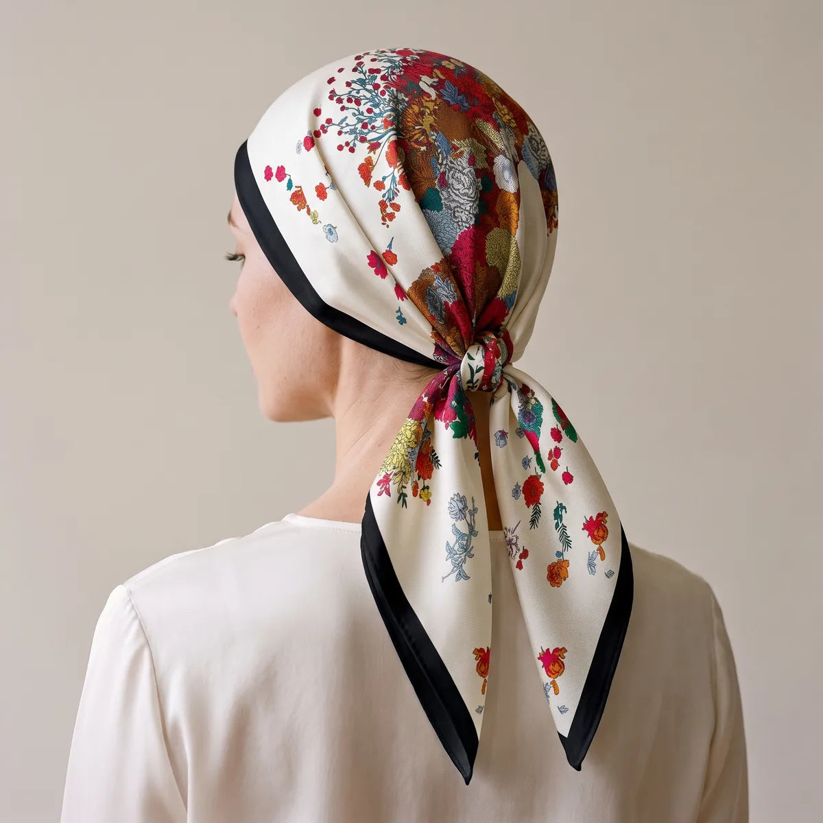 Back view of a woman whose head is covered by the flower-filled square, a knot at the nape and black-edged ends