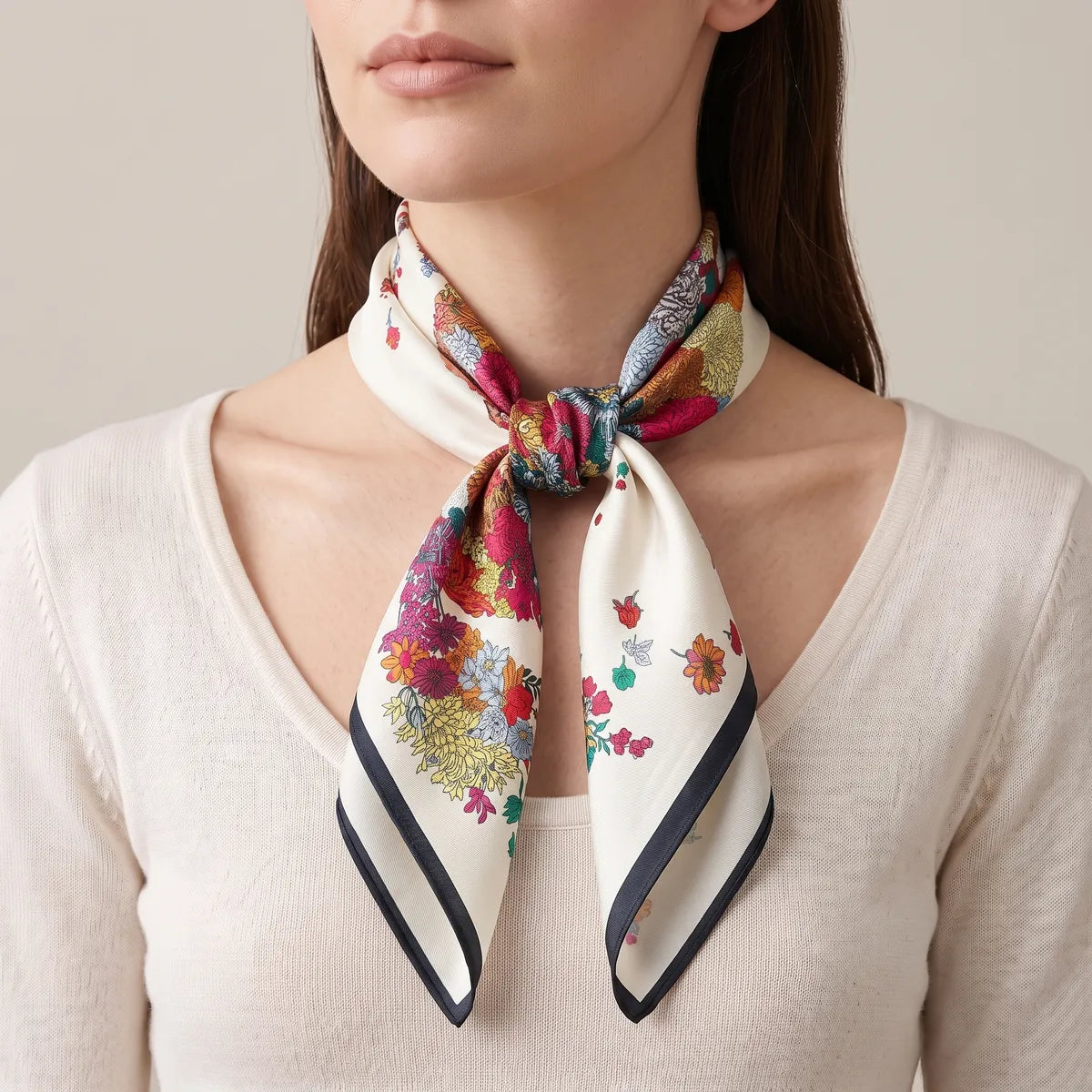 Floral horse print silk scarf on a woman, a single knot at the center of the neck, over a cream V-neck sweater