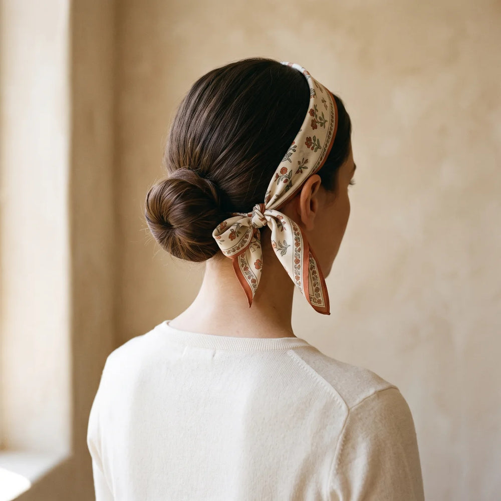Cream floral silk bandana worn as a headband and tied in a bow behind a low bun