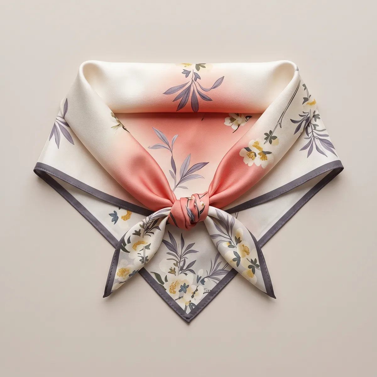 Cream floral square folded and knotted at the front, gray-edged points spread out below the knot