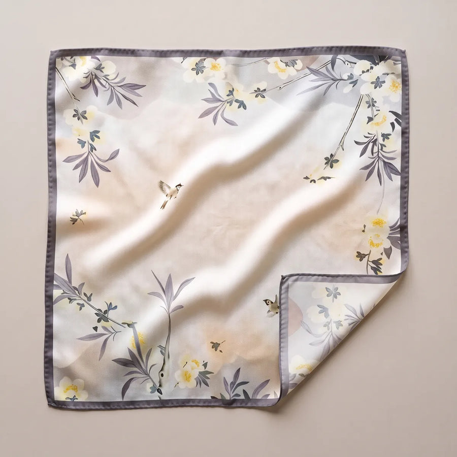 Cream Floral Silk Square Scarf Quiet Branch