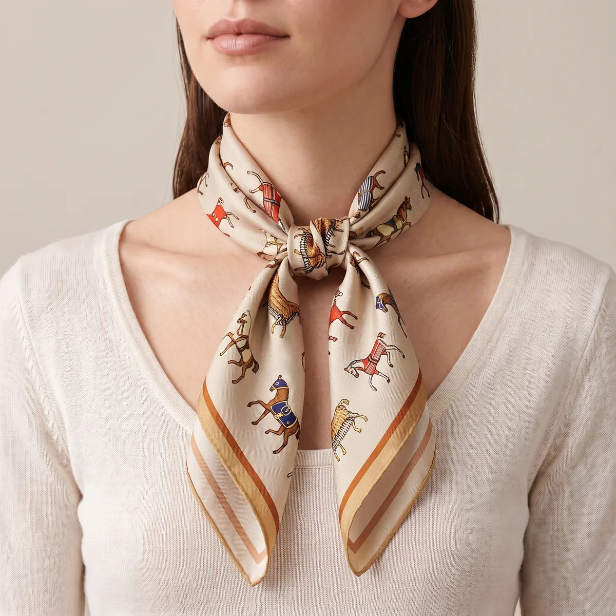 Horse print square worn as a neckerchief, camel-edged tips over a cream knit