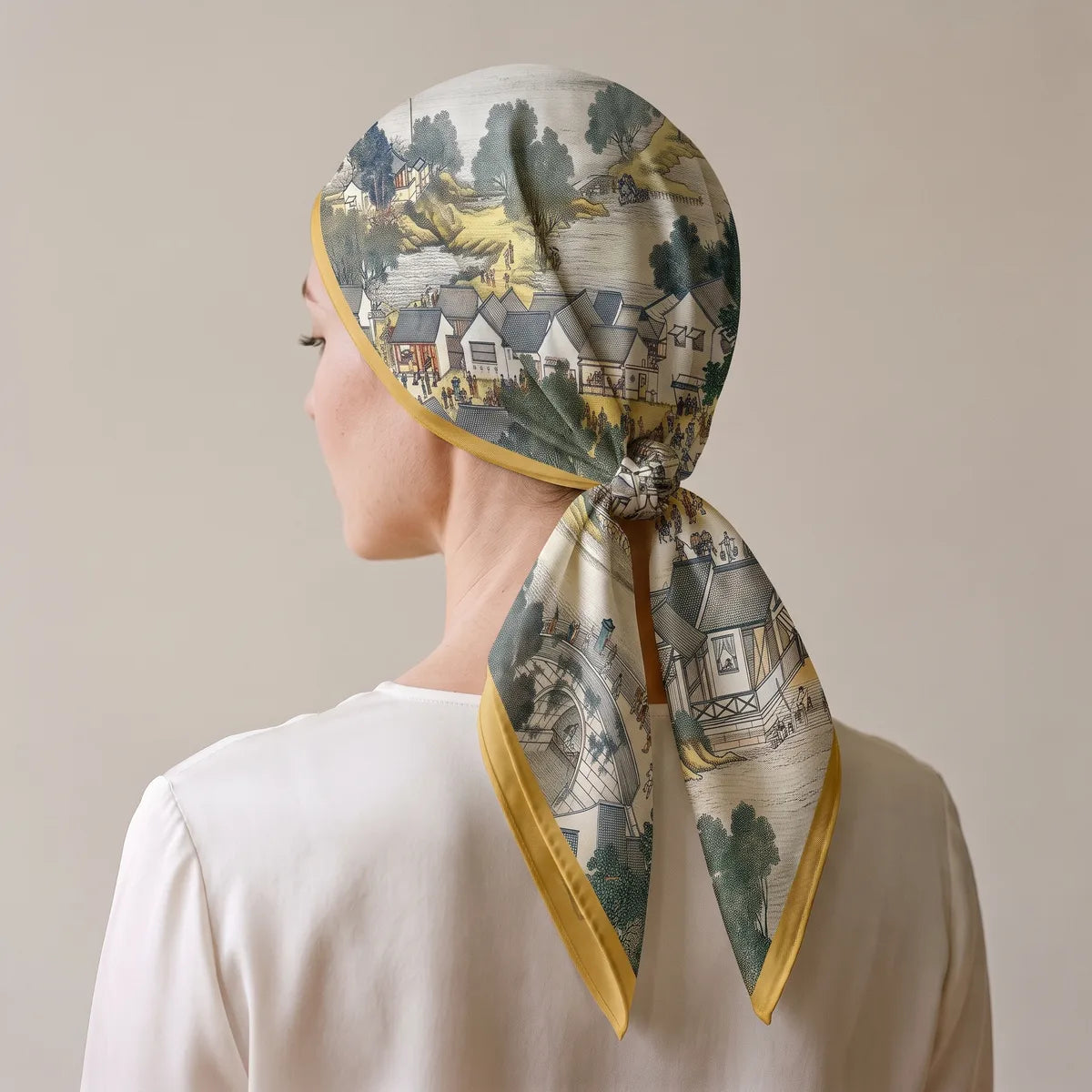 Village print silk square covering the hair, knotted at the nape, a row of houses across the back