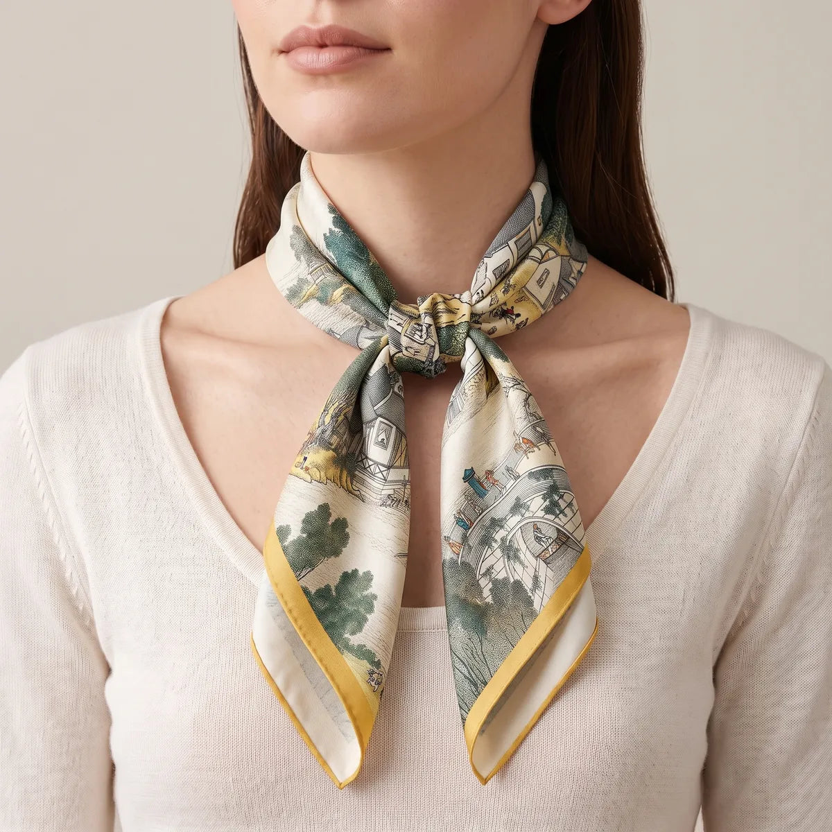 Woman in a cream sweater with the village landscape silk square knotted at her neck, mustard-edged tails